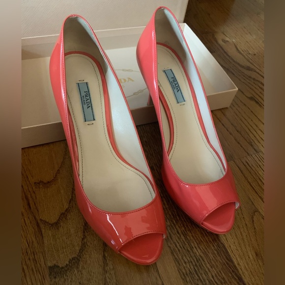 Prada Shoes - Prada 1KP159 coral patent leather peep toe pumps heels shoes 37.5 Womens 7 W/Box